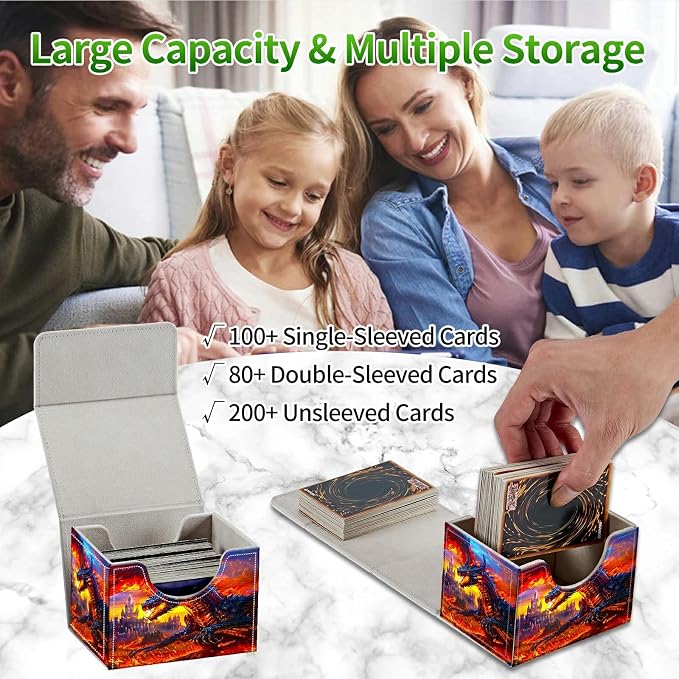 Card Deck Box for MTG, Cards Storage Box Fits 120+ Sleeved, Leather Small Size Strong Magnetic Closing Card Case for Board Games Magic TCG CCG Baseball Collection, Castle Flaming Dragon