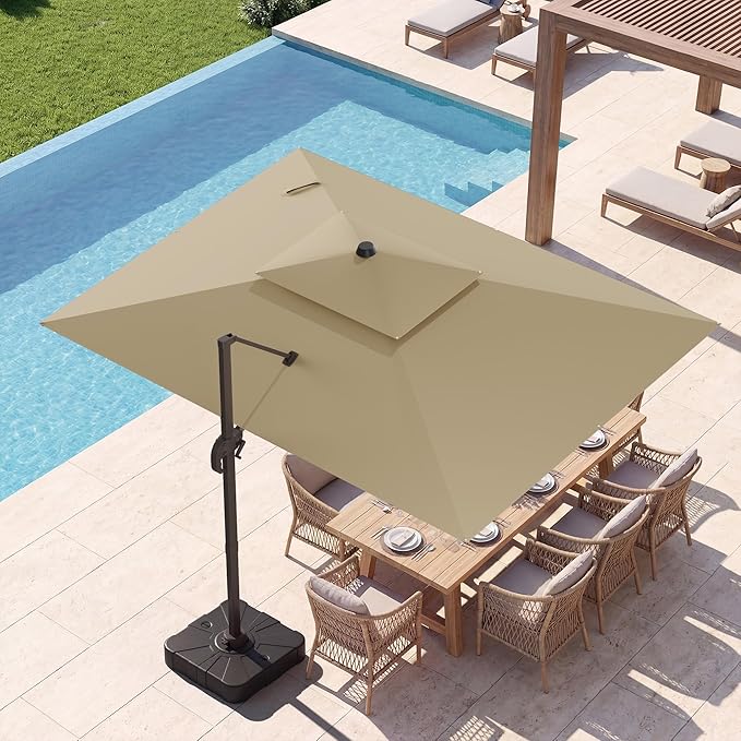 10x13 FT Patio Umbrella with Base, Large Cantilever Rectangular Double Top Heavy Duty Offset Umbrellas with 360° Rotation, Outdoor shade for Garden Deck Pool Patio, Tan