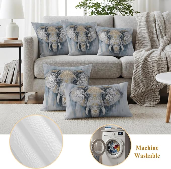 Boho Elephant Outdoor Pillow Covers 20"x20" Set of 2, Floral Pattern Animal Abstract Waterproof Throw Pillow Covers for Patio Furniture, Decorative Cushion Covers for Porch