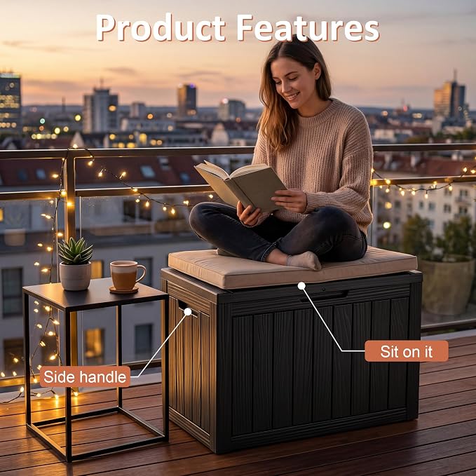 55 Gallon Outdoor Storage Box Waterproof, Small Resin Deck Box with Lockable Lid, UV-Resistant and Weatherproof Outside Storage Bin for Patio Cushions, Garden Tool, Pool Accessories, Furniture, Pillow