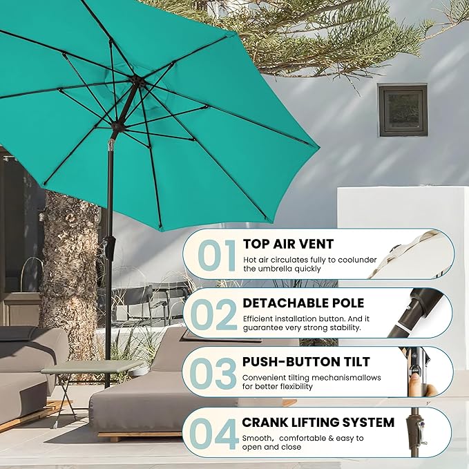 9FT 9FT Outdoor Patio Umbrella Outdoor pool Umbrella with Push Button Tilt and Crank, Market Umbrella 8 Sturdy Ribs UV Protection for Garden, Deck, Backyard (Turquoise)