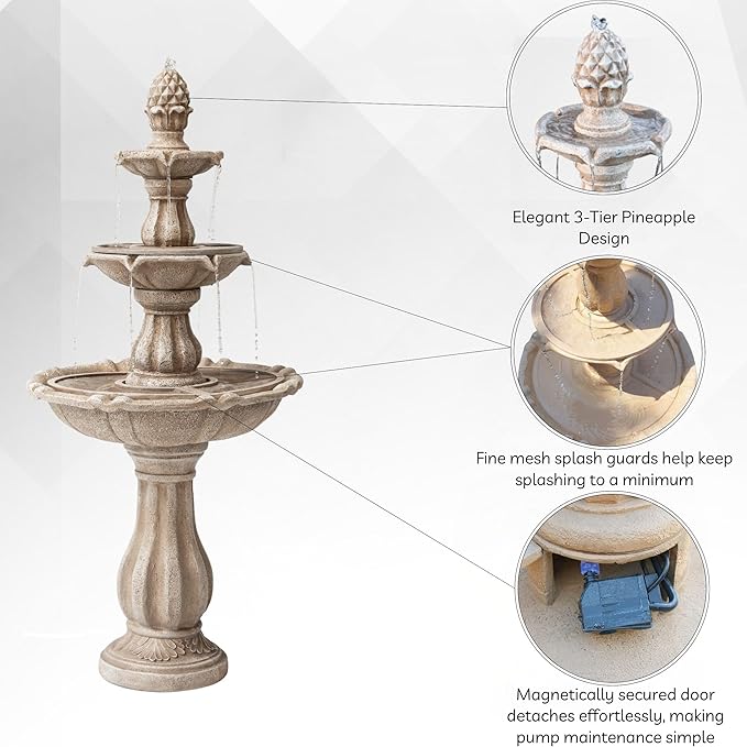 XBrand 51" 3-Tier Outdoor Water Fountain with Pineapple Top – Beige Freestanding Garden Waterfall with Pump, Auto Shut-Off, and Fiber Resin Build – Lawn & Patio Decor