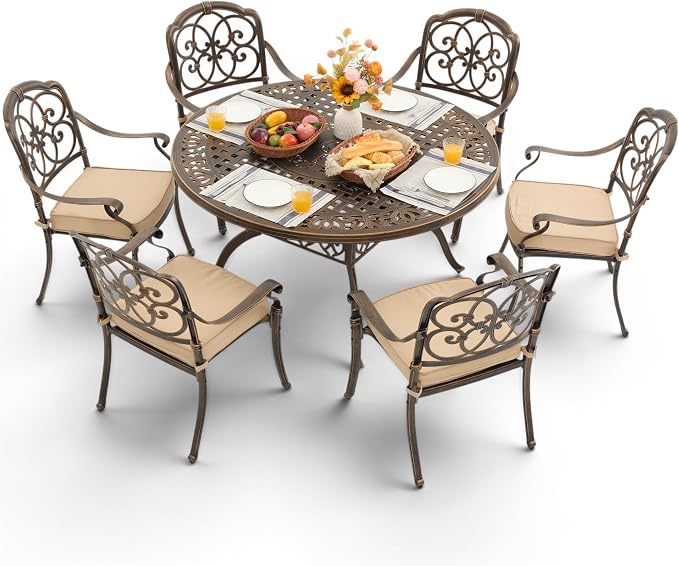 7-Pcs Cast Aluminum Patio Dining Set for 6, 54" Round Table,Bronze | Outdoor Furniture Set Include Dining Table and 6 Stackable Chairs with Cushions & Umbrella Hole