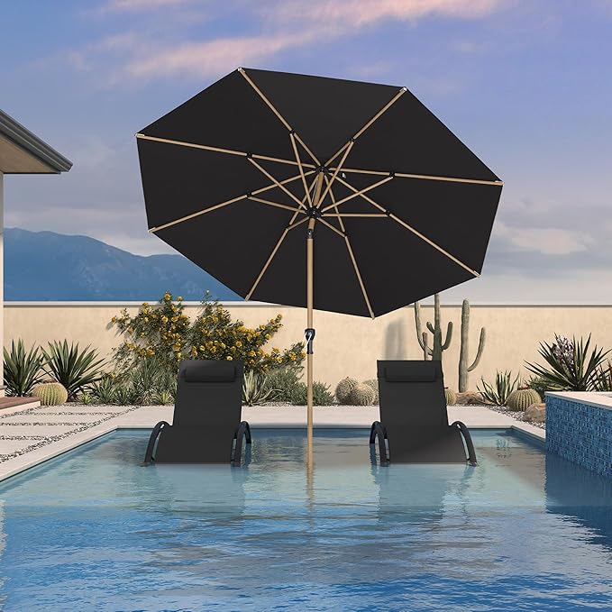 PURPLE LEAF 9 Feet Patio Umbrella with Base Market Umbrella Round Outdoor Umbrella with Push Button Tilt & Crank and 8 Ribs Aluminum Table Umbrella for Pool Backyard Beach, Black