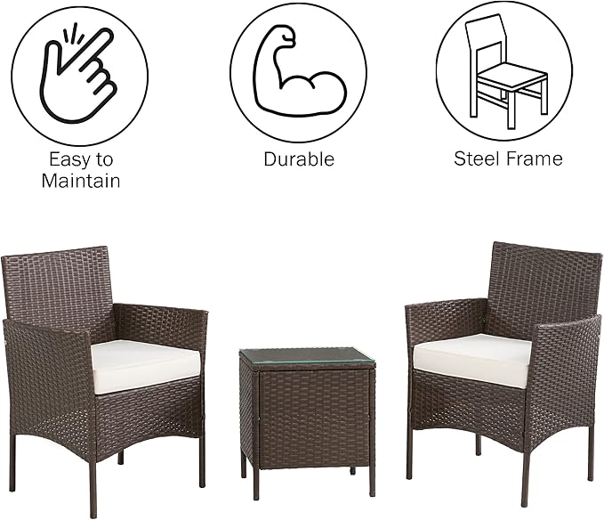 Outdoor Patio Furniture Set – 3-Piece Rattan Seating Combo with 2 Cushioned Chairs and Table for Deck or Front Porch Furniture by Lavish Home (Brown)