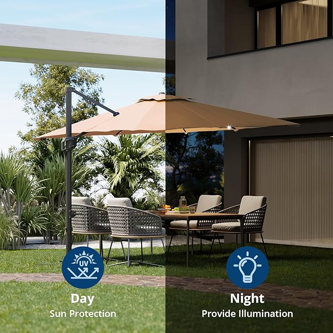 10x10 ft Double Roof Square Cantilever Patio Umbrella with Solar LED Lights & Cross Base – 360° Rotation, Heavy-Duty Sun Shade with Easy Tilt for Backyard, Poolside, and Garden Use, Navy Blue
