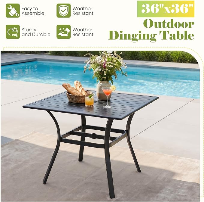 36" Patio Table for 4, Metal Outdoor Dining Table with Coating, Square Steel Slated Outdoor Table with 2" Umbrella Hole for Garden Backyard, Black