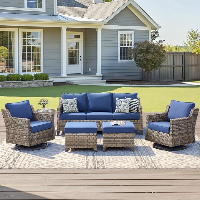 6 Piece Outdoor Patio Wicker Furniture Sets-High Back Outdoor Conversation Set Sectional Sofa with Wicker Swivel Rocker Patio Chairs,Thick Cushions Ottomans for Porch Balcony Patio Deck Grey/Blue