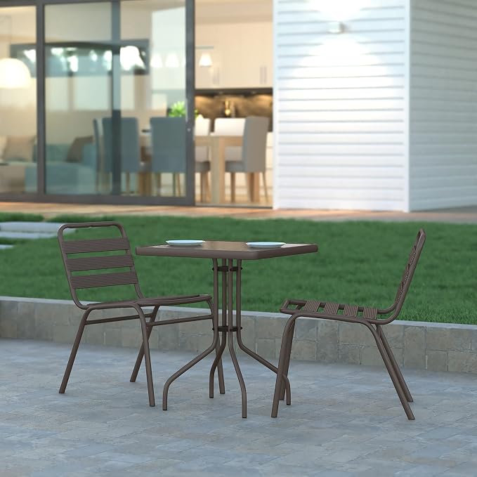 EMMA + OLIVER Benji Patio Dining Table - Bronze Metal Frame - 23.5" Square Tempered Glass Top - Suitable for Indoor/Outdoor Use