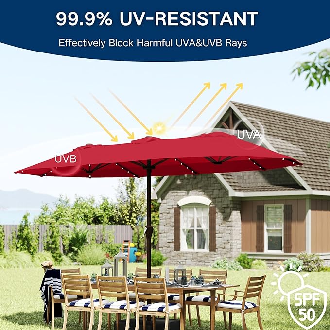 15ft Large Patio Umbrella with Solar Lights and Base, Double-Sided Outdoor Rectangle Umbrella with 48 LED Lights, Market Table Umbrellas with UV Resistant Canopy