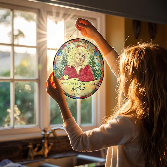 Personalized Memorial Photo Suncatcher – “Forever in Our Hearts” Christmas Ornament – in Loving Memory Gift for Mom or Grandma from Family – Custom Photo Remembrance Keepsake