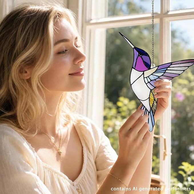 Hummingbirds Suncatcher Stained Glass, Hummingbird Suncatcher Ornament, Hummingbird Suncatcher for Grandma/Mom/Women (Purple)