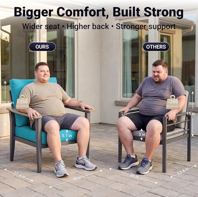 Aluminum Patio Chairs with Ottomans, 4-Piece Outdoor Patio Furniture Set, Modern Lounge Armchairs with Footrests, Wood-Like Armrests & 5.1" Thick Cushions for Porch, Poolside, Blue