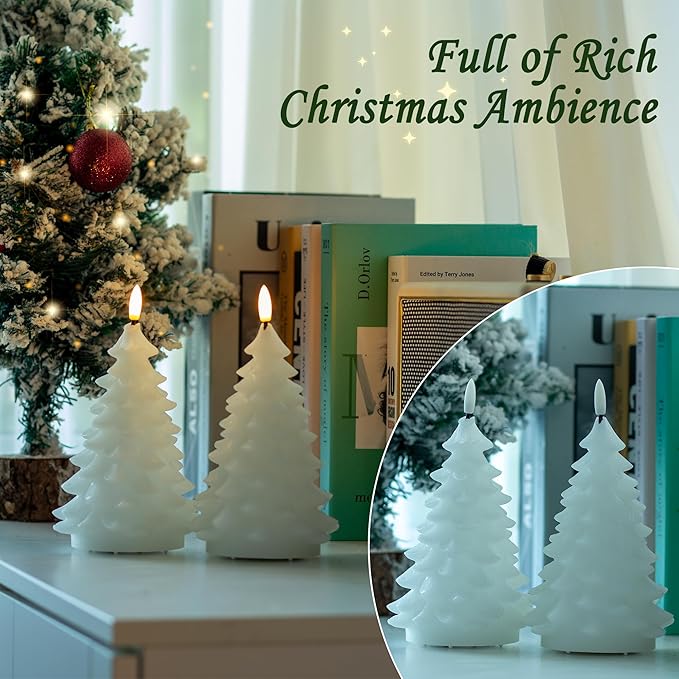 Christmas Tree Candles with Remote, 2 Pack White Flameless Candles Battery Operated, Real Wax Flickering Christmas Led Candle Decorations for Winter Home Holiday Xmas Gift