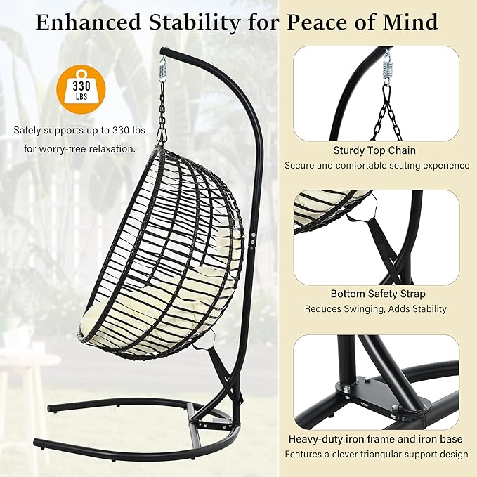 Folding Egg Chair, Outdoor Hanging Hammock Chair with Stand, Patio Wicker Hanging Chair with Iron Frame and Plush Cushion & Removable Headrest for Bedroom, Balcony, Garden (C-BlackBeige)