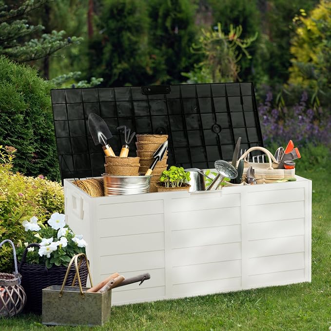 75 Gallon Outdoor Storage Box with Wheels Lockable Seat Waterproof Deck Box with Handle Patio Furniture Storage Bench Garden Tools Organizer UV Resistant Wood Grain Design Polypropylene White