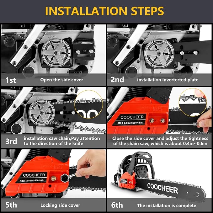 COOCHEER 62CC Gas Powered Chain saws, 20Inch 3.5HP 2-Stroke Gasoline Chain Saw with for Tree Stumps, Limbs, Tree Felling, and Firewood Cutting(Black&Red 2022 Updated)