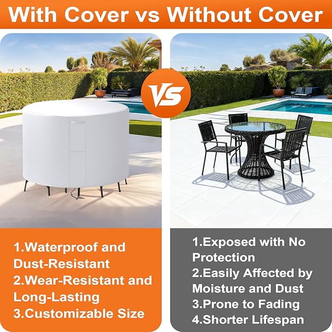 68"(D) x 4"(H) Round Outdoor Furniture Cover, Custom Heavy Duty 420D Waterproof Patio Furniture Cover with Drawstring & Buckles for Table Chair Garden, Silver