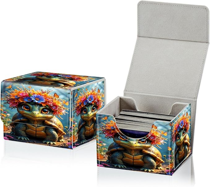 Card Deck Box for MTG, Cards Storage Box Fits 120+ Sleeved, Leather Small Size Strong Magnetic Closing Card Case for Board Games Magic TCG CCG Baseball Collection, Forest Turtle