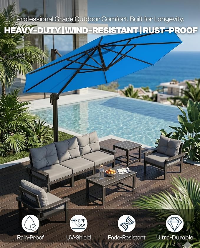 11 FT Round Cantilever Umbrella,Easy Tilt, Fade Resistant & 360° Rotation, Offset for Pool Deck Backyard Patioroyal blue (Base not Included)