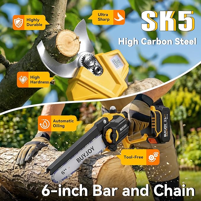 BUYJOY 2-in-1 Mini Chainsaw & Electric Pruning Shears, 1.8" Cutting Capacity, 8 Inch Cordless Chainsaw with 2 x 4.0Ah Batteries, Battery Powered Branch Cutter for Tree Trimming and Garden Pruning