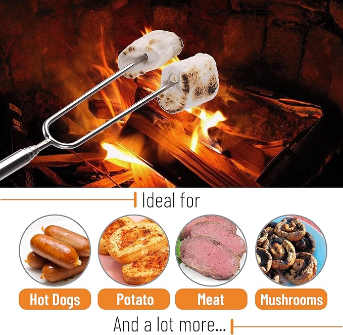 UNCO- Marshmallow Roasting Sticks, 32”, 5 Pack, Dark Brown Wooden Handle, Extendable Stainless Steel Smores Sticks for Fire Pit, Smores Skewers, Campfire Cooking Equipment