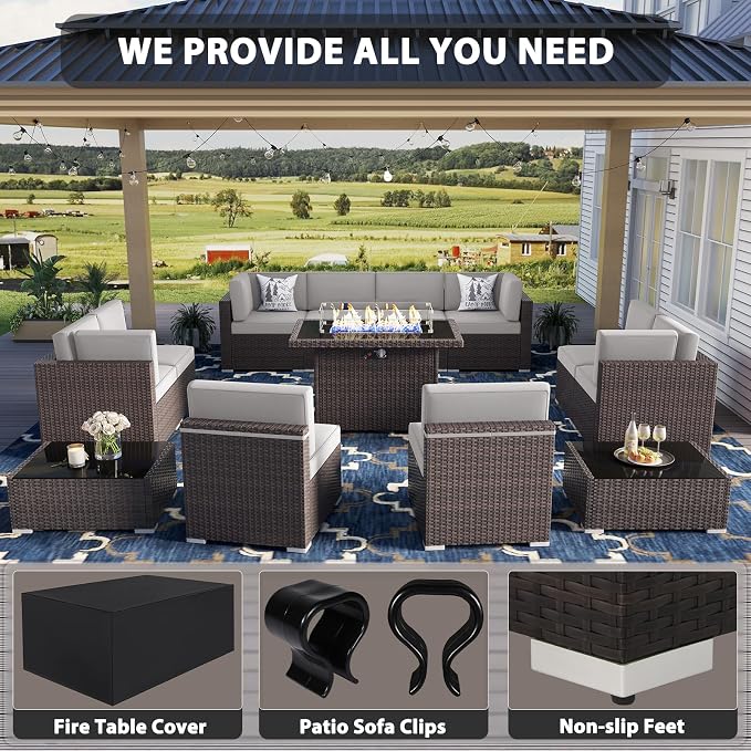 13 Pieces Patio Furniture Set with 44" Propane Gas Fire Pit Table, Outdoor Sectional Wicker Conversation Sofa Sets with Coffee Table