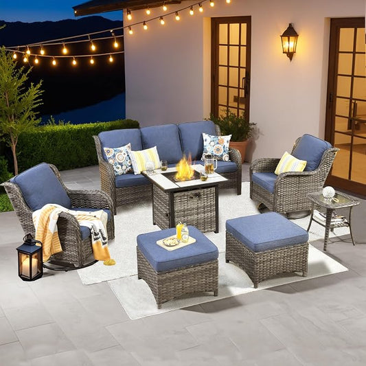 ovios 7 Pieces Patio Furniture Set with 30 inch Fire Pit Table, Outdoor Wicker Sofa Couch Swivel Rocking Glider Chairs, Modern Luxury Conversation Set, Grey Rattan, Denim Blue