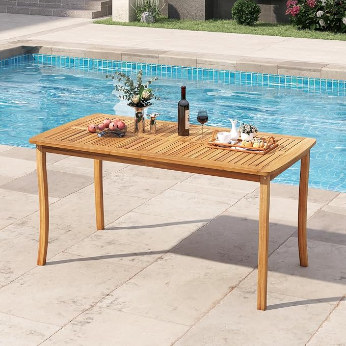 HAPPYGRILL Outdoor Acacia Wood Dining Table for 4-6 People, Patio Furniture Table with Umbrella Hole & Cover, 63” Slatted Tabletop, for Backyard, Patio, Deck, Porch