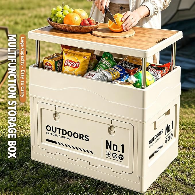 2-in-1 Foldable Outdoor Storage Box with Tabletop Lid, Large Capacity Collapsible Camping Crate, Multi-Use Organizer for Picnic, Home, and Car Trunk