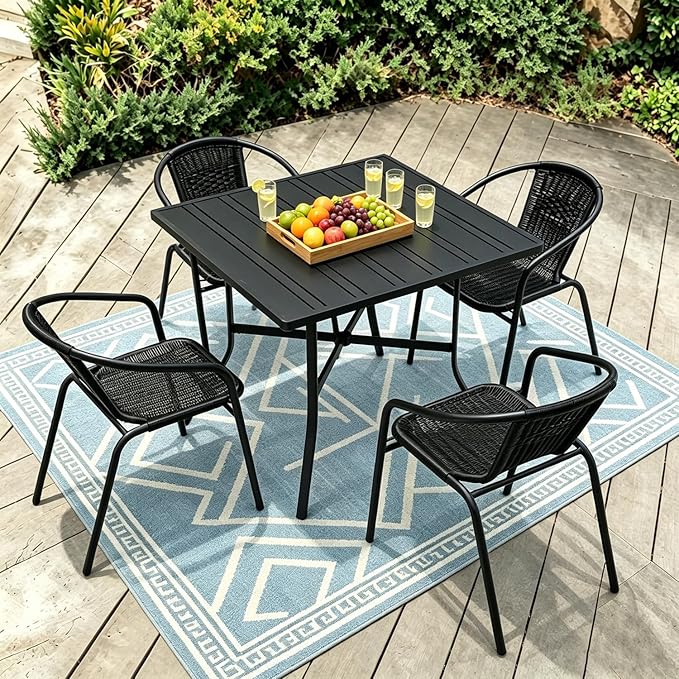 5 Piece Patio Dining Set with Black Outdoor Metal Table & 4 Hand-Woven PE Rattan Stackable Chairs for Backyard Garden Poolside, Black Chairs