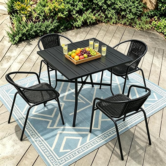 4 Stackable Wicker Patio Chairs, Weather-Resistant Outdoor Seating, Ideal for Balcony Porch Lawn & Small Patio Furniture Set Decor, Black