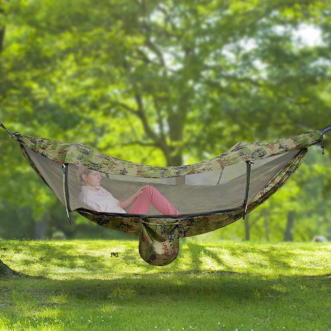 440.9 lbs Camping Hammock with Sunshade Cloth and Straps, 2.9 x 1.4m Anti-Mosquito and Anti-Sun Camping Hammock, Portable Camping Hammock(Camouflage Color)