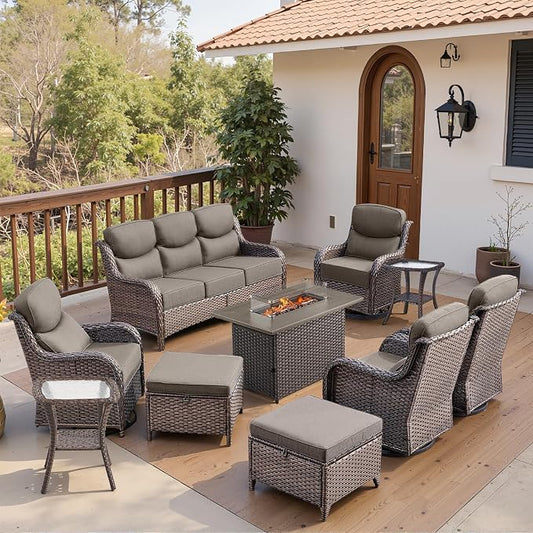 Belord Luxury 6" Thick Cushioned 10 Pieces Patio Furniture Set with Fire Pit Table, Wicker Outdoor Conversation Set with High Back Swivel Rocker Chairs for Deck Porch Yard and Poolside - Brown+Grey