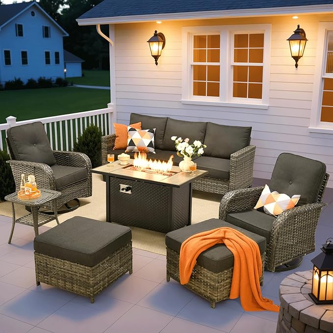 ovios 7 Pieces Patio Furniture Set, Outdoor Wicker Sofa Couch with Rocking Swivel Chairs Fire Pit Table, Modern Deep Seat Rattan Conversation Sets for Deck Porch, Black
