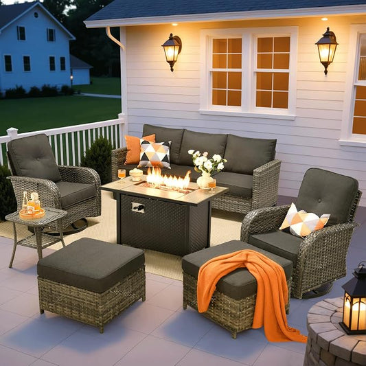 ovios 7 Pieces Patio Furniture Set, Outdoor Wicker Sofa Couch with Swivel Glider Chairs Fire Pit Table, Modern Deep Seat Rattan Conversation Sets for Deck Porch, Black