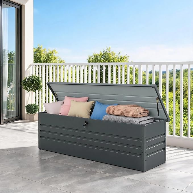 Carbon Black 260Gal Outdoor Storage Container, Metal Deck Box, Multi-Purpose Patio Bench for Pool Supplies, Garden Tools, Cushions