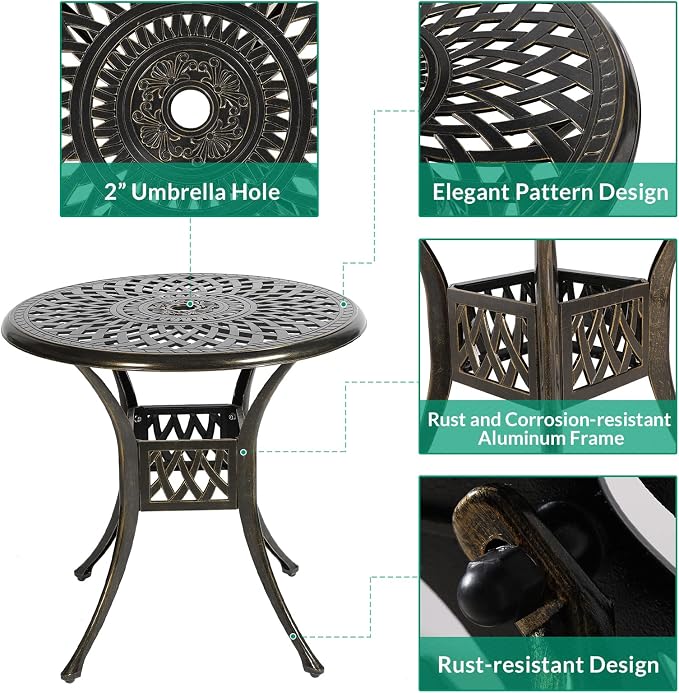 VIVIJASON 3-Piece Outdoor Patio Bistro Set, All-Weather Cast Aluminum Furniture Dining Sets Include 2 Cushioned Chairs and 31" Round Table w/Umbrella Hole for Balcony, Garden, Backyard, Red Cushion