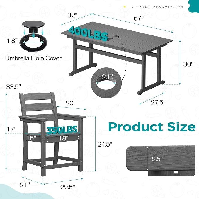 nalone 5-Piece Patio Dining Table Set, HDPE Outdoor Dining Sets with Table and 4 Chairs, Dining Furniture Set with Umbrella Hole (Grey, 5 Pcs)