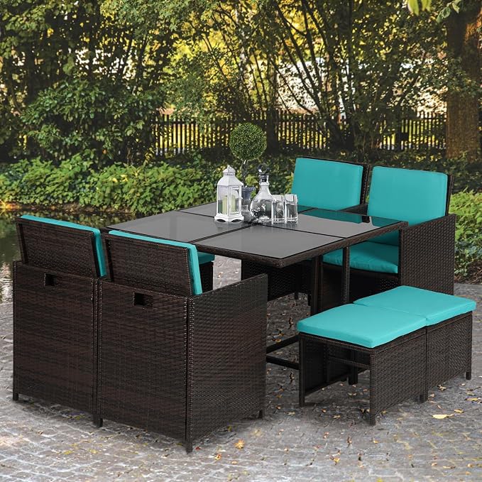 Patio Table and Chairs Set Outdoor Patio Furniture Set Patio Dining Sets 9 Pieces Space Saving Outdoor Dining Set with 4 Chairs 4 Ottomans Glass Table for Outdoor Backyard Porch Poolside Balcony,Blue