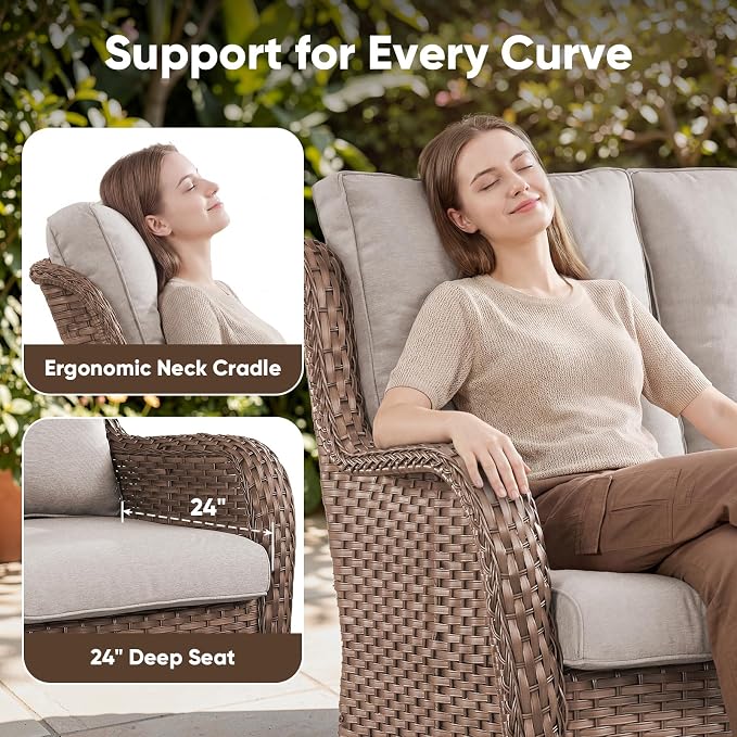 Belord Patio Sofa Luxury PE Wicker 3-Seater Outdoor Couch, Modern All-Weather High Back Deep Seat Woven Furniture Set for Porch, Deck, Balcony, Backyard - Yellow