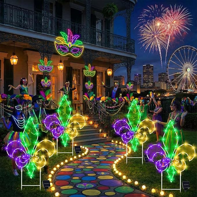 Retisee 3 Pack Mardi Gras Solar Outdoor Lights- Purple Green Gold Yard Stakes Lights, Fleur De Lis Metal Wire Decorative Solar Lamps,for Patio Lawn Yard Pathway Party Outdoor Decor, 6–8 Hour Runtime