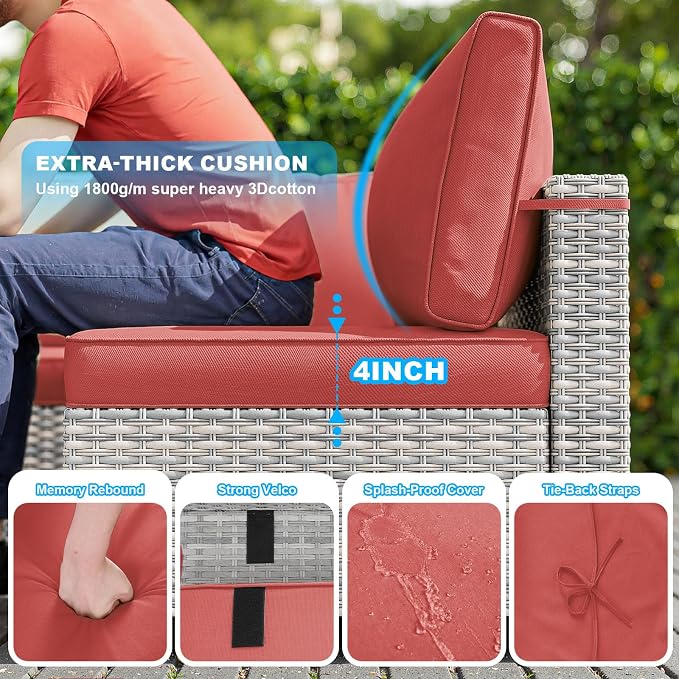 9-Piece Patio Furniture Set, Outdoor with Ottomans, Modular Patio Sofa, Dual-Strand Wicker Rattan, Rust-Resistant Frame, Backyard Furniture for Garden, Deck, Red