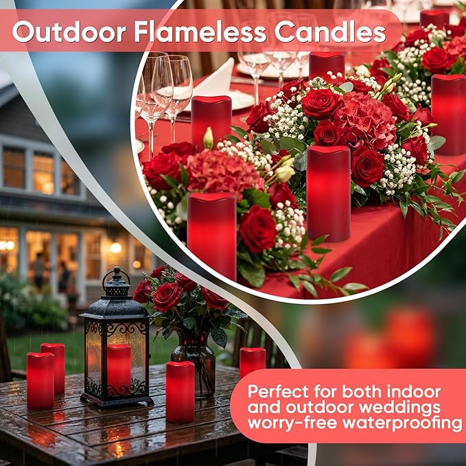 Amagic 3"x6" Red Flameless Candles with Remote, Christmas Candles Battery Operated with Timer, Waterproof LED Pillar Candles for Thanksgiving Table, Home, Outdoor Decor, Plastic, Set of 6