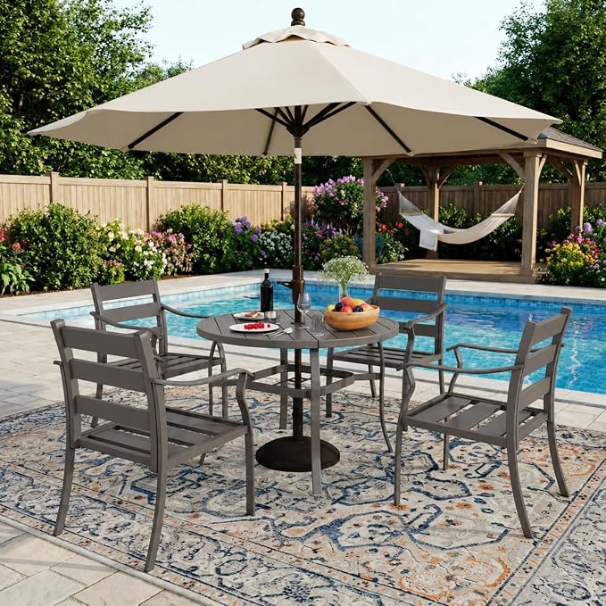 EROMMY 5-Piece Round Outdoor Patio Dining Set, 4 Metal Slat Chairs & Round Table with Umbrella Hole, All-Weather Outdoor Furniture for Backyard, Garden and Poolside