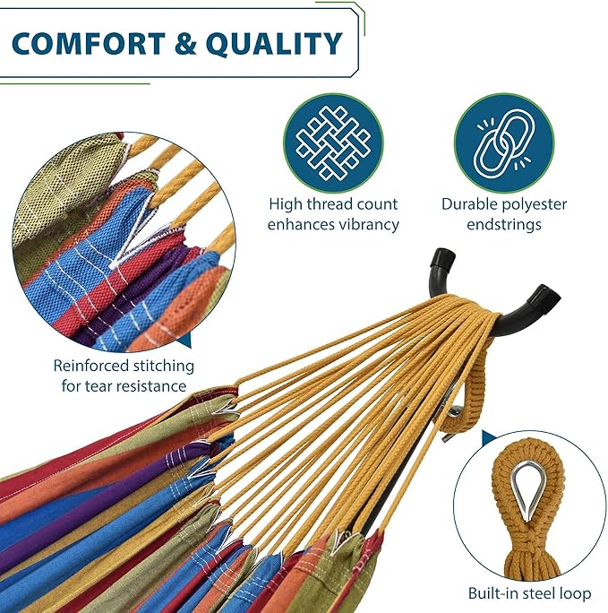 Vivere Double Cotton Hammock with Space Saving Steel Stand, Upgraded Polyester End Strings 450 lb Capacity - Premium Carry Bag Included - (Tropical)