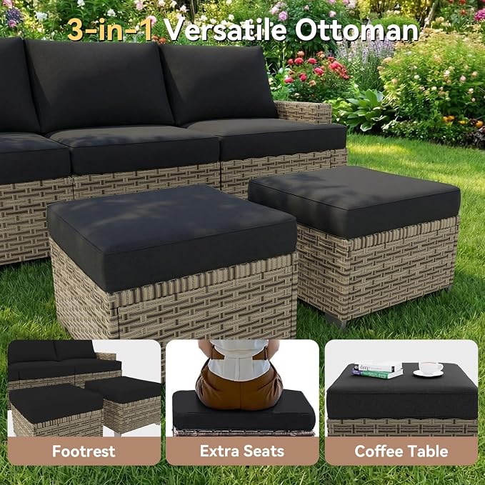 LazySunsets Luxury Patio Furniture Set with Fire Pit Table，All-Weather Patio Sectional Sofas with Thickened Cushions, 9 Piece Outdoor Furniture Sectional Set with Swivel Rocker Chairs of 2，Black