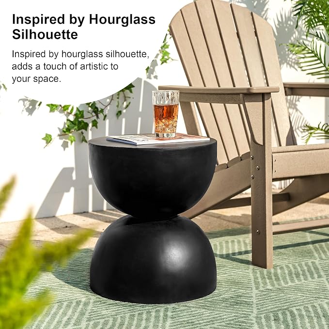 Glitzhome Outdoor Side Table, Round Small End Table with Terrazzo Finish MGO Hourglass Garden Stool, Set of 2 Lightweight Decorative Accent Table for Living Room Planter Stand Patio Pool Porch, Black