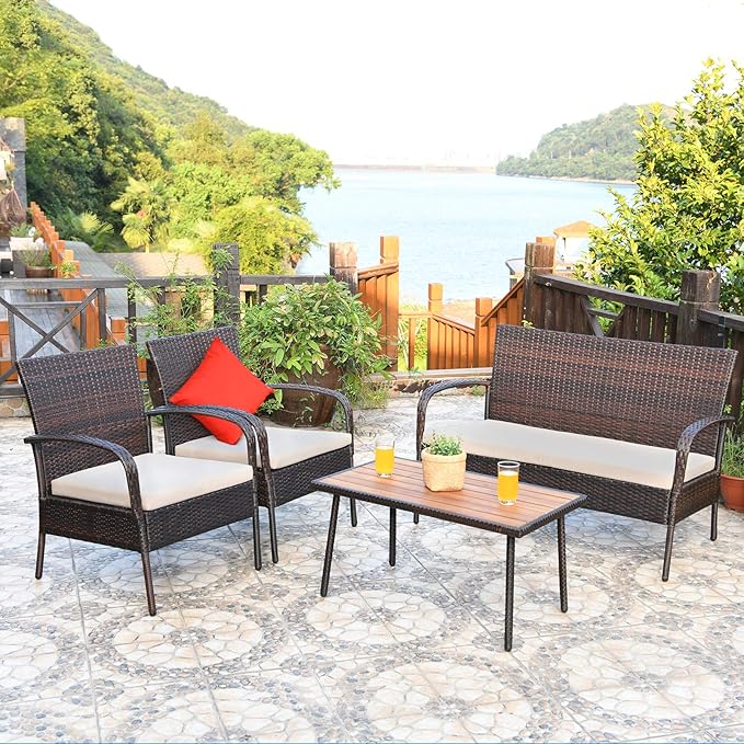 Tangkula 8 PCS Patio Rattan Furniture Set, Outdoor Conversation Set w/Cushions & Acacia Wood Coffee Tabletop, Sectional Sofa Set for Garden, Backyard, Poolside (2, Brown)