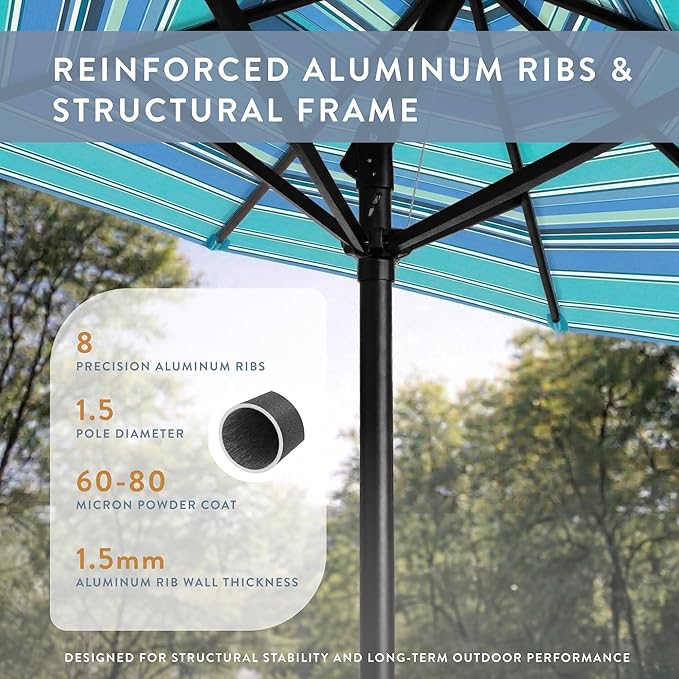 California Umbrella 12-Year Protection 7.5-Ft Outdoor Patio Umbrella, Sunbrella Fade-Resistant Fabric, Auto-Tilt, Heavy Duty Aluminum Frame, 8 Reinforced Ribs for Pool or Deck, Black Pole, Dolce Oasis